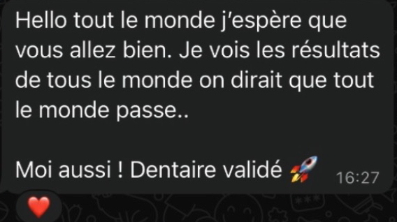 Message d'une élève qui annonce avoir validé dentaire