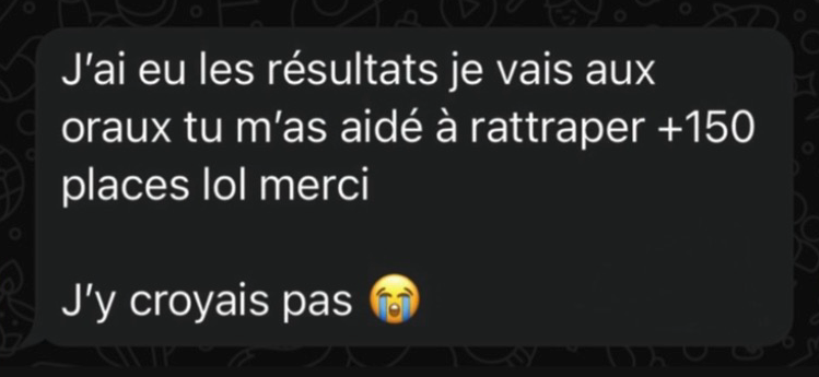 Message d'une élève qui a gagné 150 places et passe aux oraux