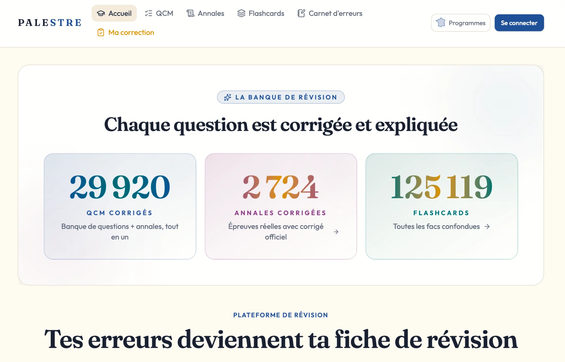 Aperçu de la plateforme : QCM, annales et flashcards