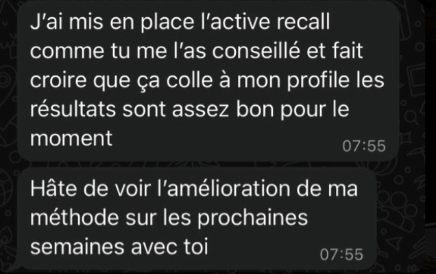 Message d'un élève sur sa méthode de travail et l'active recall