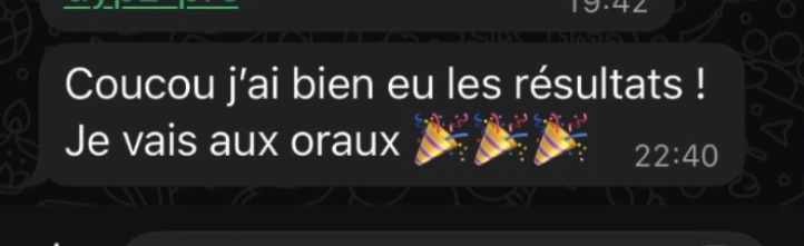 Message d'une élève qui annonce son passage aux oraux
